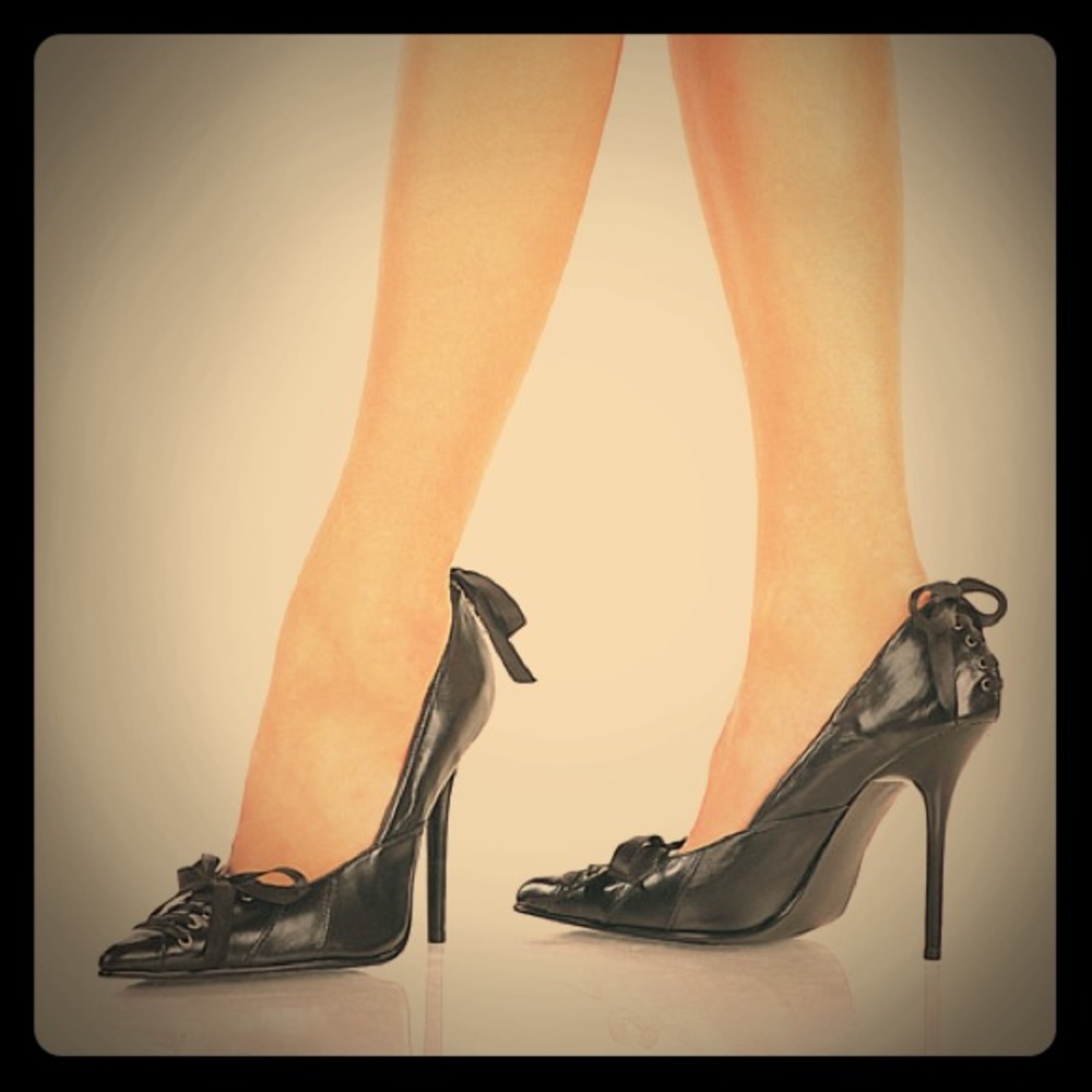 Pleaser Milan-07 Black Corset/Laceup Leather Heels